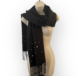 BEBE women’s pearl embellished fringe scarf black cozy soft winter chic neutral